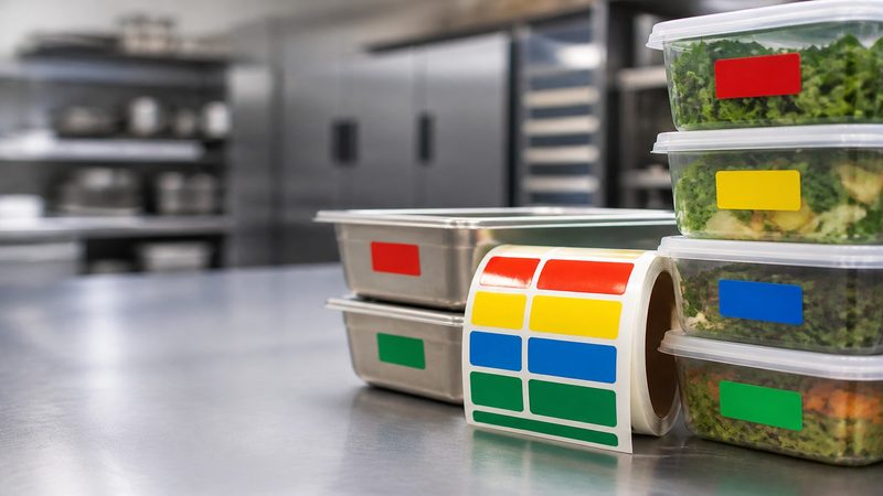 Abnehmbare Etiketten für die Chargenkontrolle in der Gastronomie: Farbcodierung reduziert Fehler in Mehrschichtküchen.