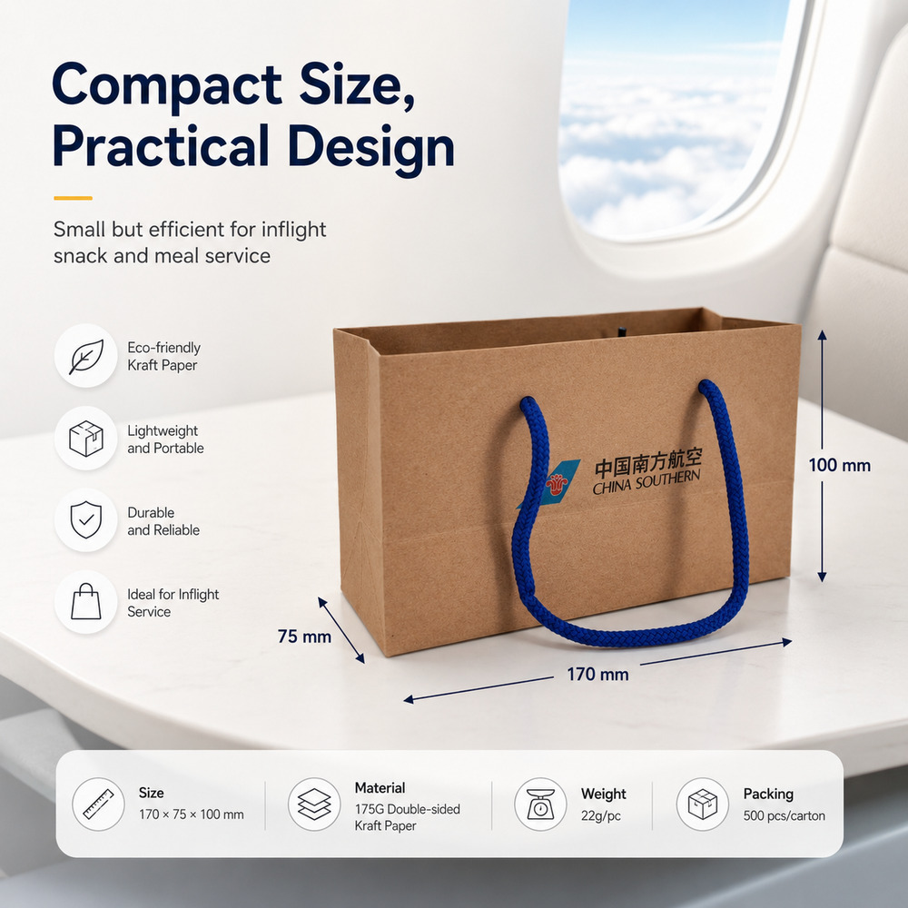 Airline kraft paper hand bag serving inflight meal boxes and snacks during catering service