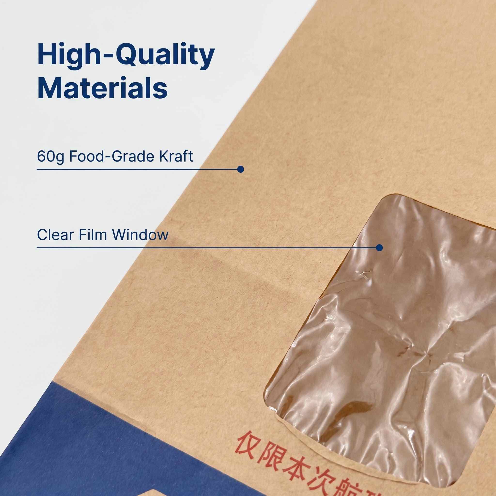 Food-grade 60g kraft paper and transparent film window close-up – premium snack bag material Food-grade 60g kraft paper and transparent film window close-up – premium snack bag material
