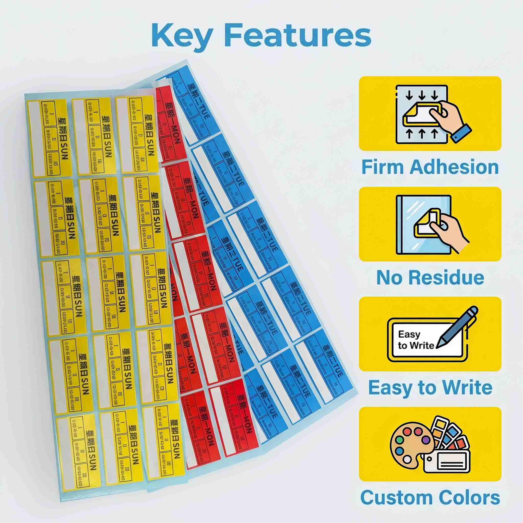 Day-of-the-week removable labels key advantages - color coding, no residue, quick identification