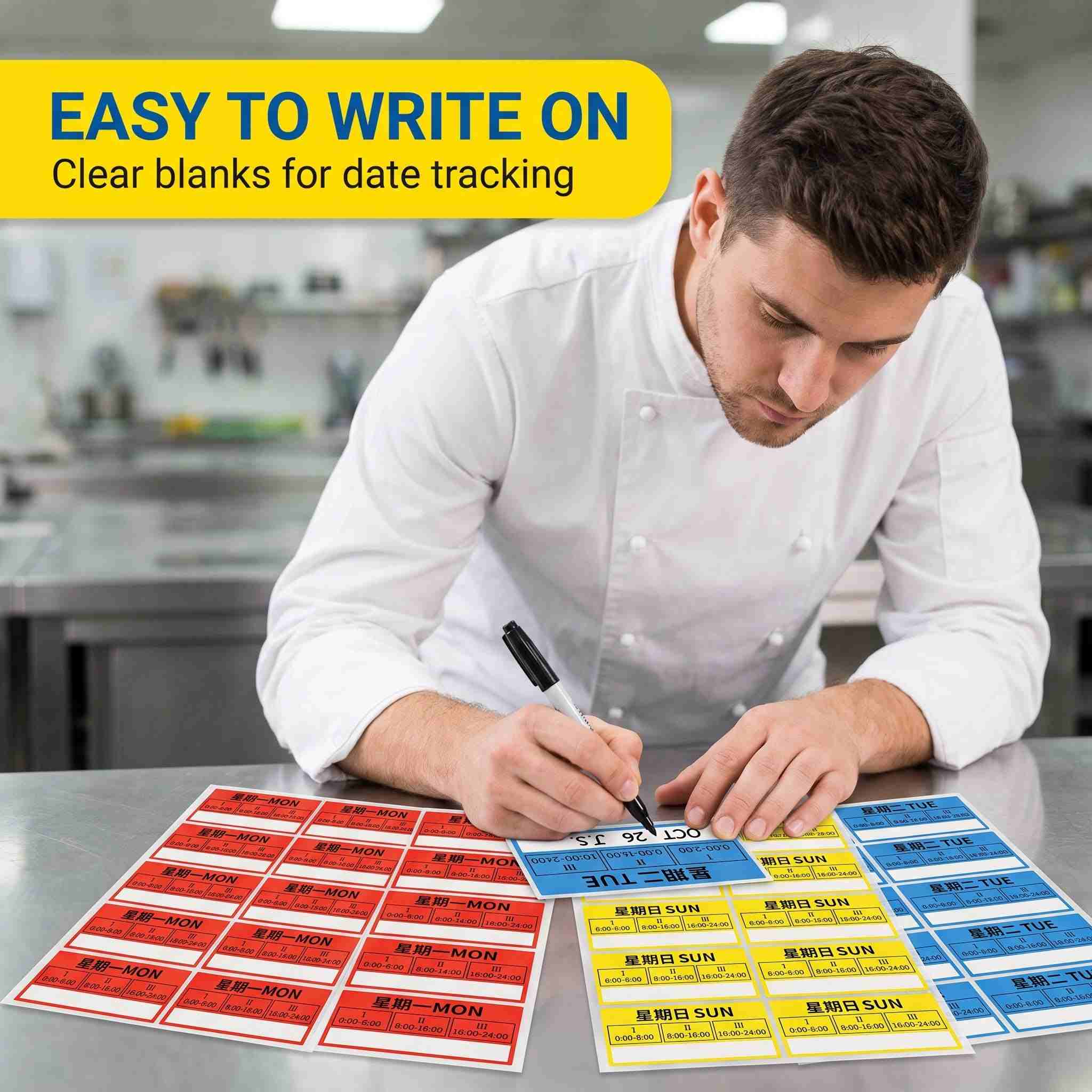 Hand writing on color-coded day-of-the-week label - smooth writing surface