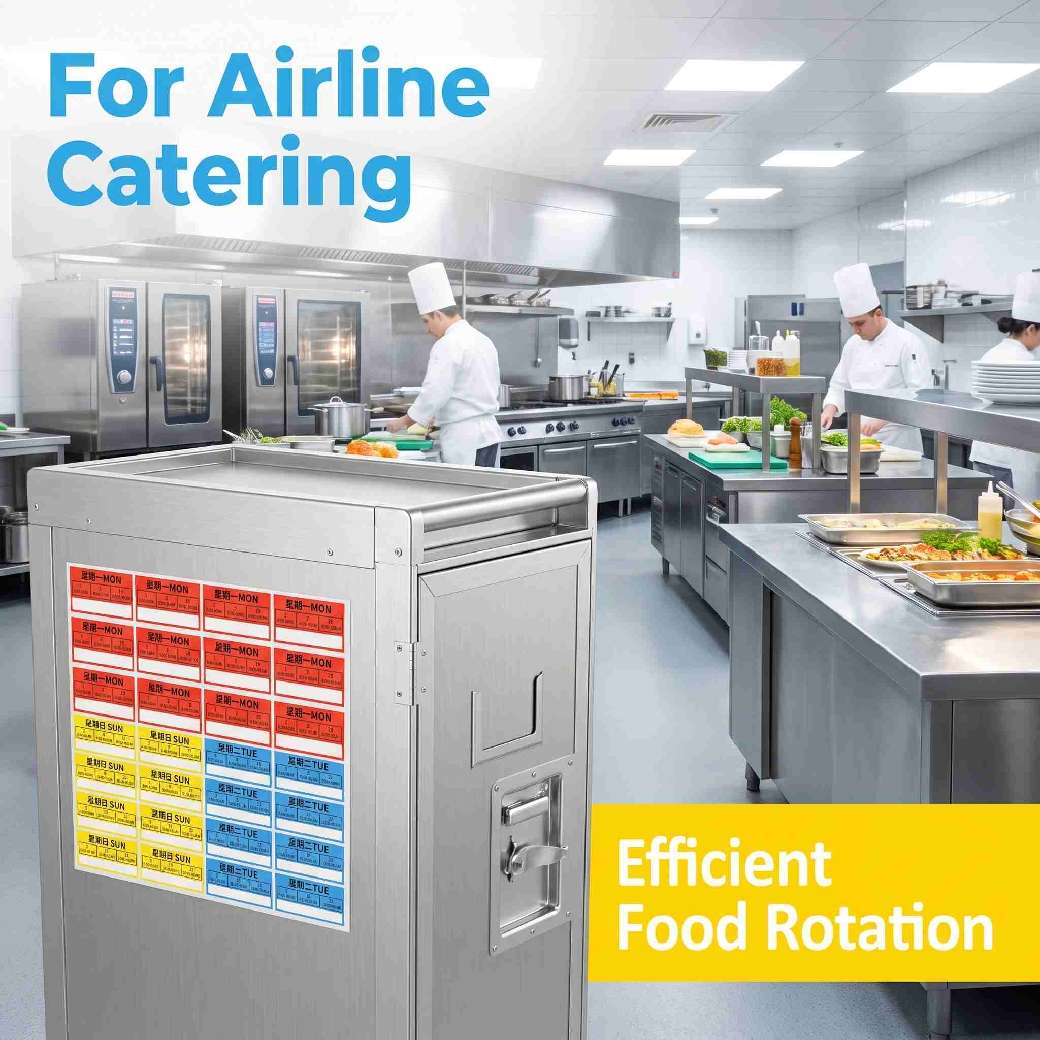 Day-of-the-week removable labels applied in airline catering batch control