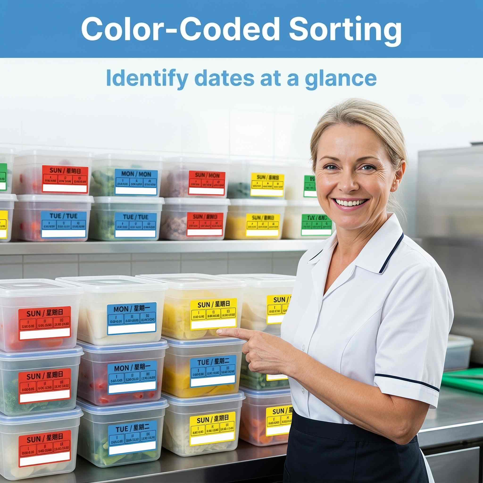 Quick identification of color-coded day-of-the-week labels in kitchen operation
